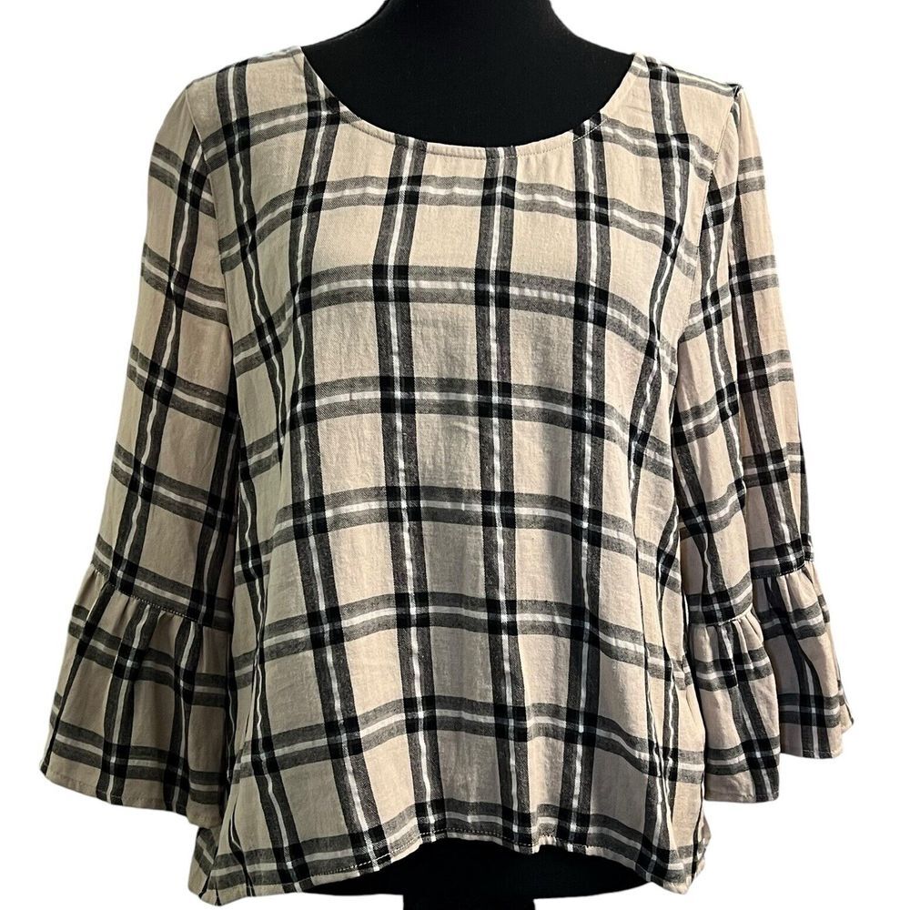 Anama Women's Size M Beige/Black Picnic Plaid Cotton Flannel Button‎ Back Top
